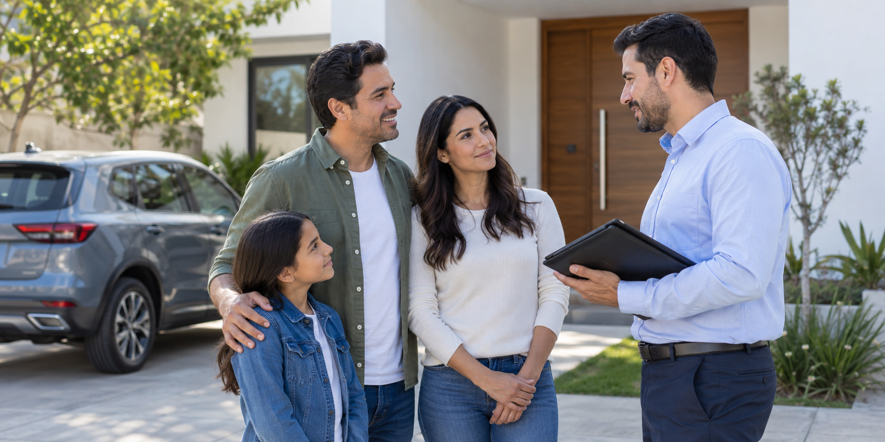 Familia conversando con un asesor de seguros frente a su hogar
